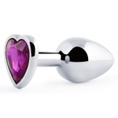 Серебристая анальная пробка с фиолетовым кристаллом-сердечком - 8 см. - Anal Jewelry Plug - купить с доставкой в Хабаровске