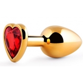 Золотистая анальная пробка с красным стразом-сердечком - 8 см. - Anal Jewelry Plug - купить с доставкой в Хабаровске