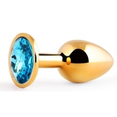 Золотистая анальная пробка с голубым стразом - 7,2 см. - Anal Jewelry Plug - купить с доставкой в Хабаровске