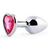 Серебристая анальная пробка с розовым кристаллом-сердечком - 7 см. - Anal Jewelry Plug - купить с доставкой в Хабаровске