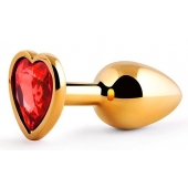Золотистая анальная пробка с красным стразом-сердечком - 7 см. - Anal Jewelry Plug - купить с доставкой в Хабаровске