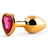 Золотистая анальная пробка с малиновым кристаллом-сердечком - 7 см. - Anal Jewelry Plug - купить с доставкой в Хабаровске