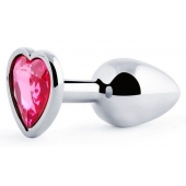Серебристая анальная пробка с малиновым кристаллом-сердечком - 7 см. - Anal Jewelry Plug - купить с доставкой в Хабаровске
