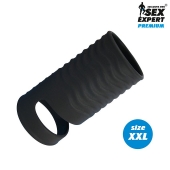 Черная открытая насадка на пенис с кольцом для мошонки XXL-size - 9,4 см. - Sex Expert - в Хабаровске купить с доставкой