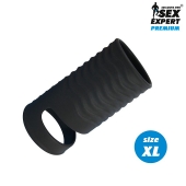 Черная открытая насадка на пенис с кольцом для мошонки XL-size - 8,9 см. - Sex Expert - в Хабаровске купить с доставкой