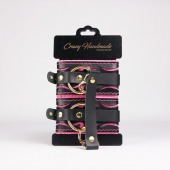 Черные кожаные оковы с розовой строчкой - Crazy Handmade - купить с доставкой в Хабаровске