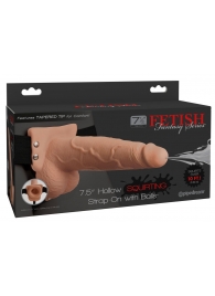 Телесный полый страпон с имитацией эякуляции 7.5  Hollow Squirting Strap-On with Balls Flesh - 21,6 см. - Pipedream - купить с доставкой в Хабаровске