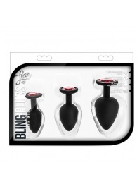 Набор черных анальных пробок с красным кристаллом-сердечком Bling Plugs Training Kit - Blush Novelties - купить с доставкой в Хабаровске