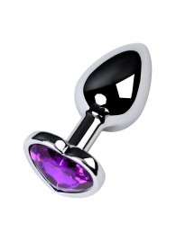 Серебристая коническая анальная пробка с фиолетовым кристаллом-сердечком - 7 см. - ToyFa - купить с доставкой в Хабаровске