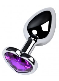 Серебристая коническая анальная пробка с фиолетовым кристаллом-сердечком - 7 см. - ToyFa - купить с доставкой в Хабаровске