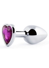 Серебристая анальная пробка с фиолетовым кристаллом-сердечком - 8 см. - Anal Jewelry Plug - купить с доставкой в Хабаровске