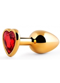 Золотистая анальная пробка с красным стразом-сердечком - 8 см. - Anal Jewelry Plug - купить с доставкой в Хабаровске