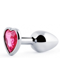 Серебристая анальная пробка с розовым кристаллом-сердечком - 7 см. - Anal Jewelry Plug - купить с доставкой в Хабаровске