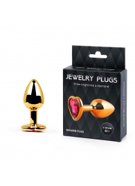 Золотистая анальная пробка с малиновым кристаллом-сердечком - 7 см. - Anal Jewelry Plug - купить с доставкой в Хабаровске