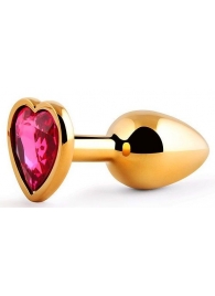 Золотистая анальная пробка с малиновым кристаллом-сердечком - 7 см. - Anal Jewelry Plug - купить с доставкой в Хабаровске