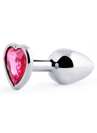Серебристая анальная пробка с малиновым кристаллом-сердечком - 7 см. - Anal Jewelry Plug - купить с доставкой в Хабаровске
