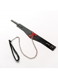 Черный широкий ошейник с красным декором и поводком - Crazy Handmade - купить с доставкой в Хабаровске