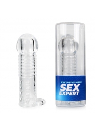 Прозрачная рельефная насадка-реалистик с петлей для мошонки - 13,5 см. - Sex Expert - в Хабаровске купить с доставкой