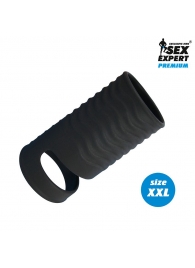Черная открытая насадка на пенис с кольцом для мошонки XXL-size - 9,4 см. - Sex Expert - в Хабаровске купить с доставкой