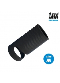 Черная открытая насадка на пенис с кольцом для мошонки size M - 7,9 см. - Sex Expert - в Хабаровске купить с доставкой