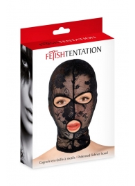 Черная кружевная маска на голову с отверстиями для глаз и рта - Fetish Tentation - купить с доставкой в Хабаровске