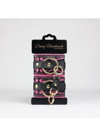 Черные кожаные наручники с розовой строчкой - Crazy Handmade - купить с доставкой в Хабаровске