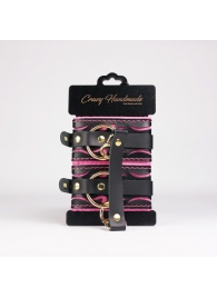 Черные кожаные оковы с розовой строчкой - Crazy Handmade - купить с доставкой в Хабаровске