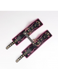 Черные кожаные оковы с розовой строчкой - Crazy Handmade - купить с доставкой в Хабаровске