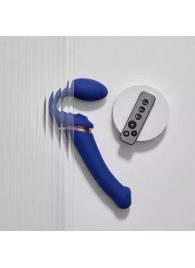 Синий безремневой страпон Multi Orgasm Bendable Strap-On size L с клиторальной стимуляцией - Strap-on-me - купить с доставкой в Хабаровске