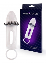 Закрытая насадка на пенис с подхватом мошонки и стимулирующими «ресничками» - Sextaz - в Хабаровске купить с доставкой