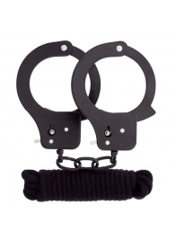 Чёрные наручники из листового металла в комплекте с веревкой BONDX METAL CUFFS LOVE ROPE SET - Dream Toys - купить с доставкой в Хабаровске