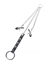 Серебристо-чёрные зажимы для сосков с кольцом для пениса TOYFA Metal - ToyFa - купить с доставкой в Хабаровске