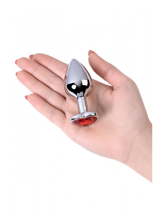 Серебристая коническая анальная пробка с красным кристаллом-сердечком - 7 см. - ToyFa - купить с доставкой в Хабаровске