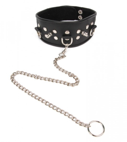 Черный ошейник с шипами и металлическим поводком-цепочкой - Notabu - купить с доставкой в Хабаровске