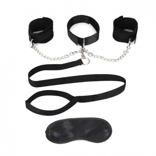 Чёрный ошейник с наручниками и поводком Collar Cuffs   Leash Set - Lux Fetish - купить с доставкой в Хабаровске