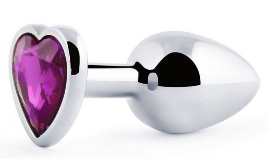 Серебристая анальная пробка с фиолетовым кристаллом-сердечком - 8 см. - Anal Jewelry Plug - купить с доставкой в Хабаровске
