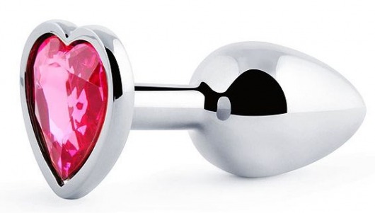 Серебристая анальная пробка с розовым кристаллом-сердечком - 7 см. - Anal Jewelry Plug - купить с доставкой в Хабаровске