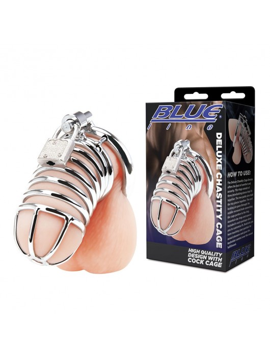 Металлическая клетка Deluxe Сhastity Сage с замком - BlueLine - купить с доставкой в Хабаровске