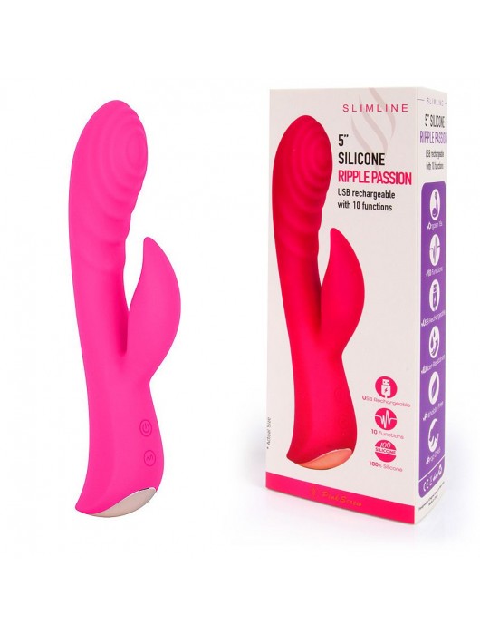 Ярко-розовый вибромассажер-кролик 5  Silicone Ripple Passion - 19,1 см. - Erokay