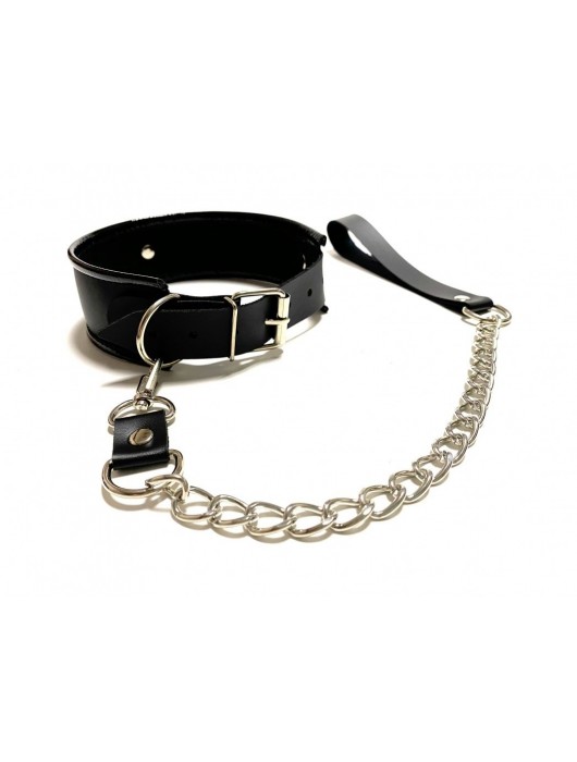 Черный ошейник с поводком из эко-кожи - БДСМ Арсенал - купить с доставкой в Хабаровске