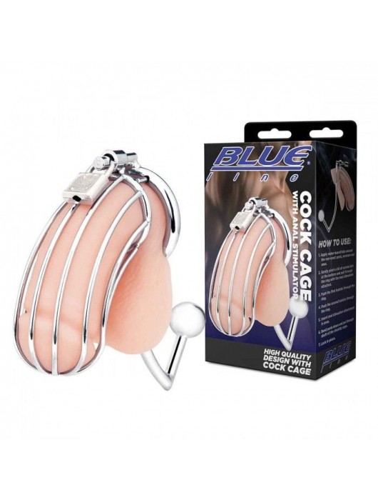 Серебристая металлическая клетка с анальным стимулятором Cock Cage - BlueLine - купить с доставкой в Хабаровске