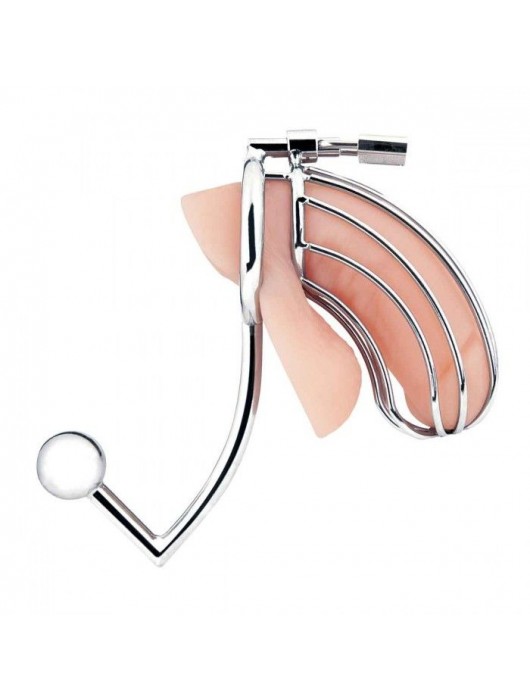 Серебристая металлическая клетка с анальным стимулятором Cock Cage - BlueLine - купить с доставкой в Хабаровске