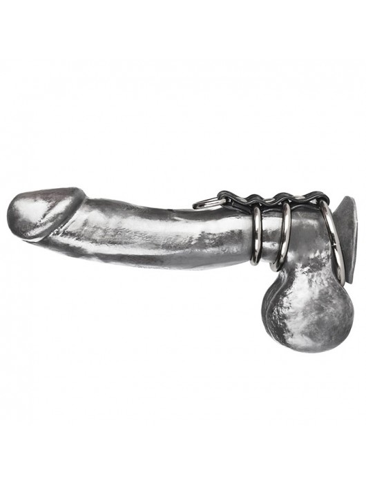 Хомут на пенис из трех металлических колец и кольца для привязи 3 RING GATES OF HELL - BlueLine - купить с доставкой в Хабаровске