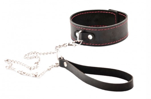 Черный широкий ошейник с красной строчкой и поводком - Crazy Handmade - купить с доставкой в Хабаровске