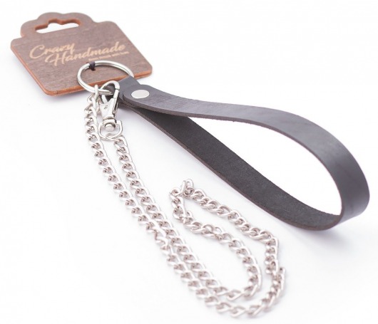 Серебристый металлический поводок с кожаной черной ручкой - 80 см. - Crazy Handmade - купить с доставкой в Хабаровске