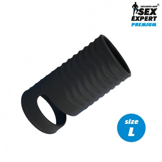 Черная открытая насадка на пенис с кольцом для мошонки L-size - 8,5 см. - Sex Expert - в Хабаровске купить с доставкой