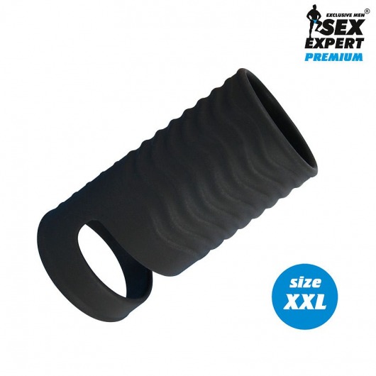 Черная открытая насадка на пенис с кольцом для мошонки XXL-size - 9,4 см. - Sex Expert - в Хабаровске купить с доставкой