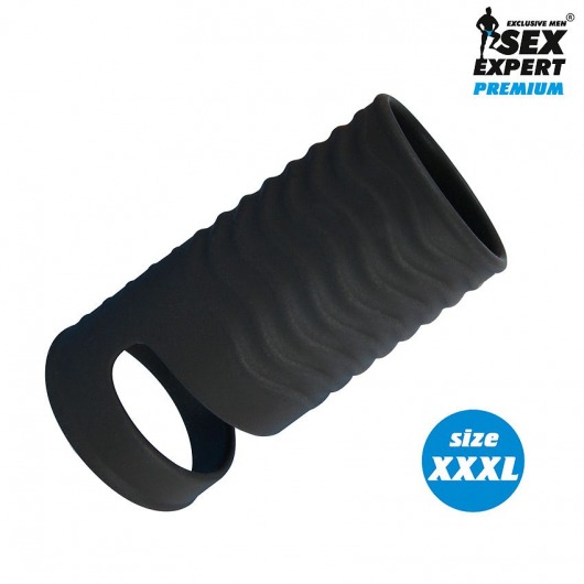 Черная открытая насадка на пенис с кольцом для мошонки XXXL-size - 9,9 см. - Sex Expert - в Хабаровске купить с доставкой