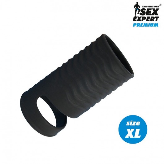 Черная открытая насадка на пенис с кольцом для мошонки XL-size - 8,9 см. - Sex Expert - в Хабаровске купить с доставкой