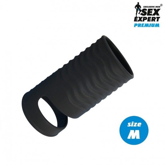 Черная открытая насадка на пенис с кольцом для мошонки size M - 7,9 см. - Sex Expert - в Хабаровске купить с доставкой